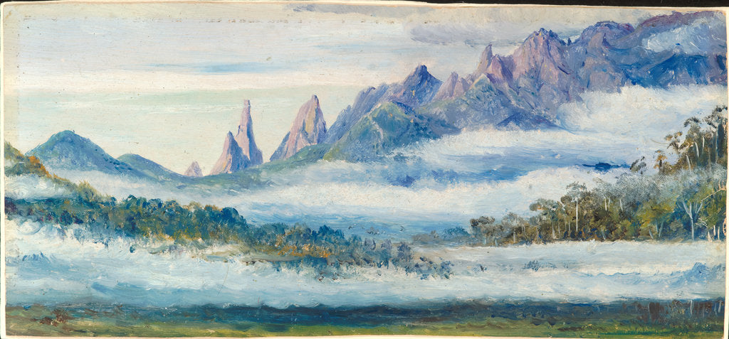 Detail of 141. Organ Peaks, seen over the morning mists from Theresopolis, Brazil. Original is oil on board, Marianne North, 1873. by Marianne North