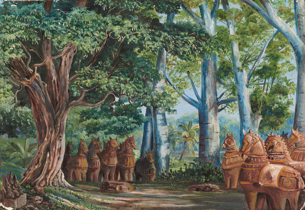 Detail of 279. African Baobab Trees, a large Tamarind, the God Aiyanar and his two Wives. by Marianne North